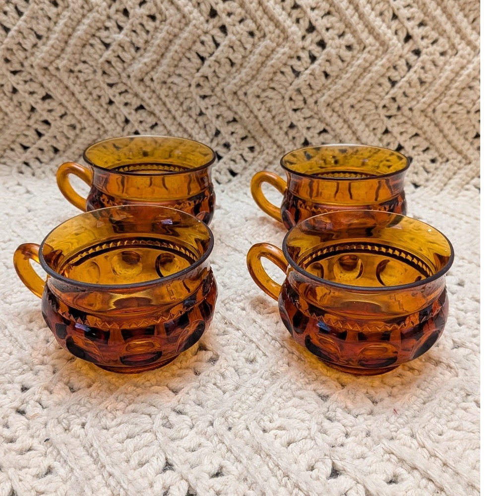 Vintage Amber Glass Kings Crown Thumbprint Punch Cups Set of 4 Mid Century